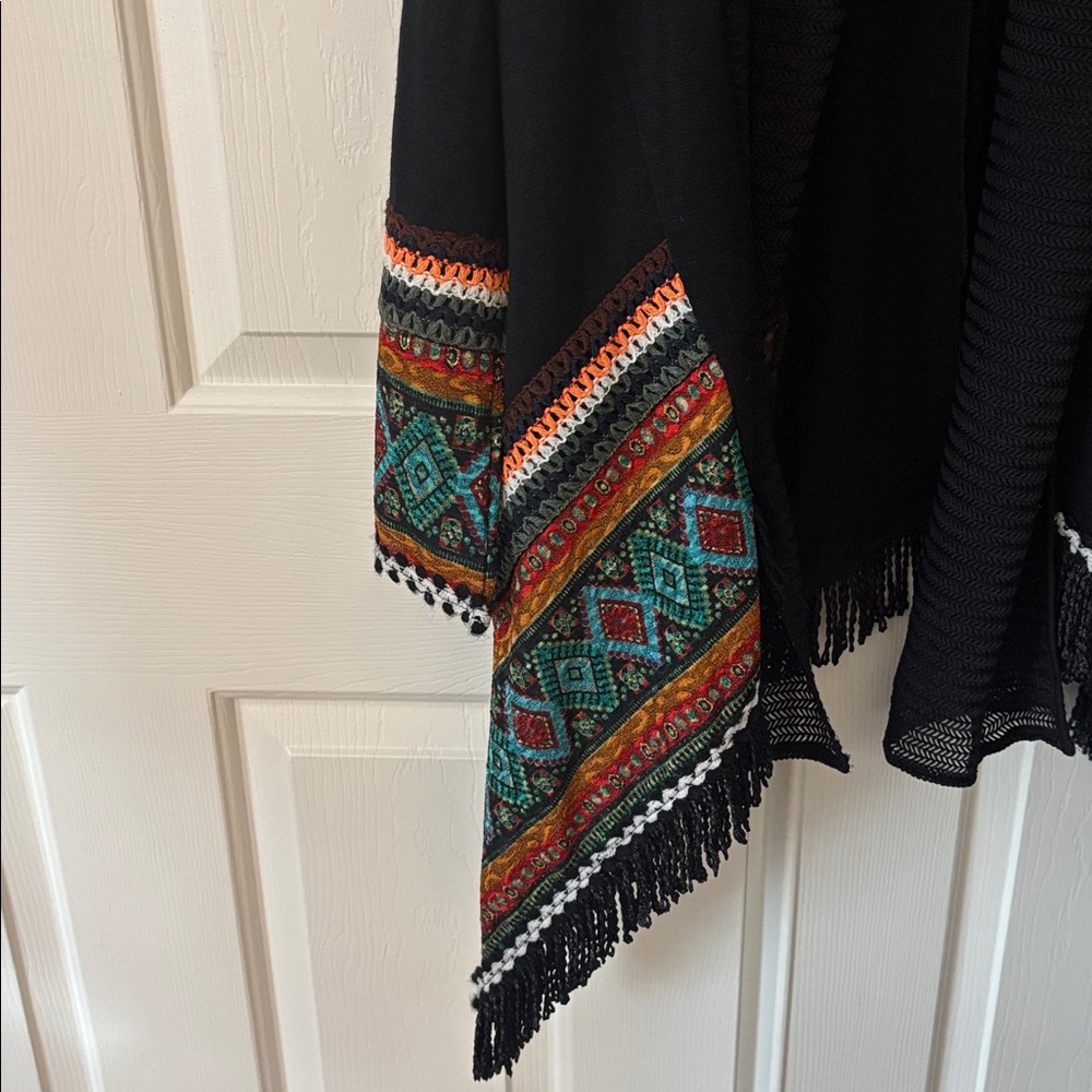 NWT ADORE Brand Bohemian Black Open Front Cardigan with Gorgeous Colorful Trim - Picture 6 of 17